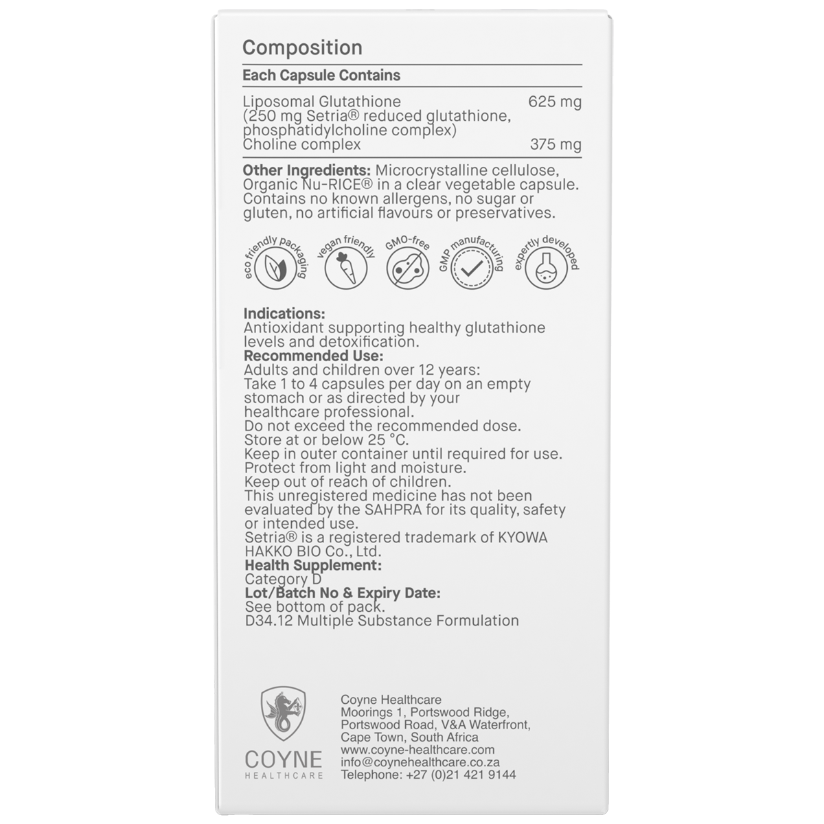 coyne glutathione Healthcare Biomax 625mg Liposomal 30VC glutathione ingredients meets the specification for the Japanese Pharmacopoeia (JP) and the USP monograph (USP) Coyne Healthcare Biomax Glutathione Liposomal